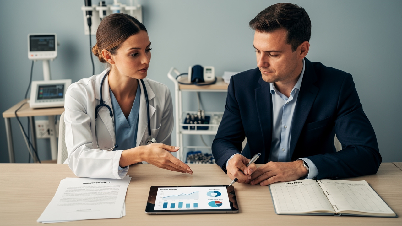 Une médecin et un conseiller financier examinent des documents vierges près d’un tableau de trésorerie abstrait et de matériel médical dans un cabinet contemporain.