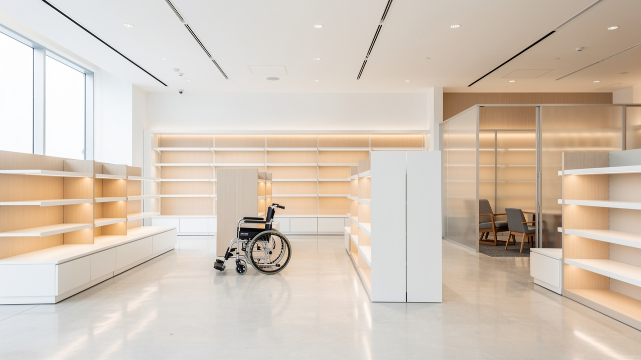 Vue en plan large d’une officine contemporaine avec des gondoles basses modulables, un espace de confidentialité discret et une circulation accessible.