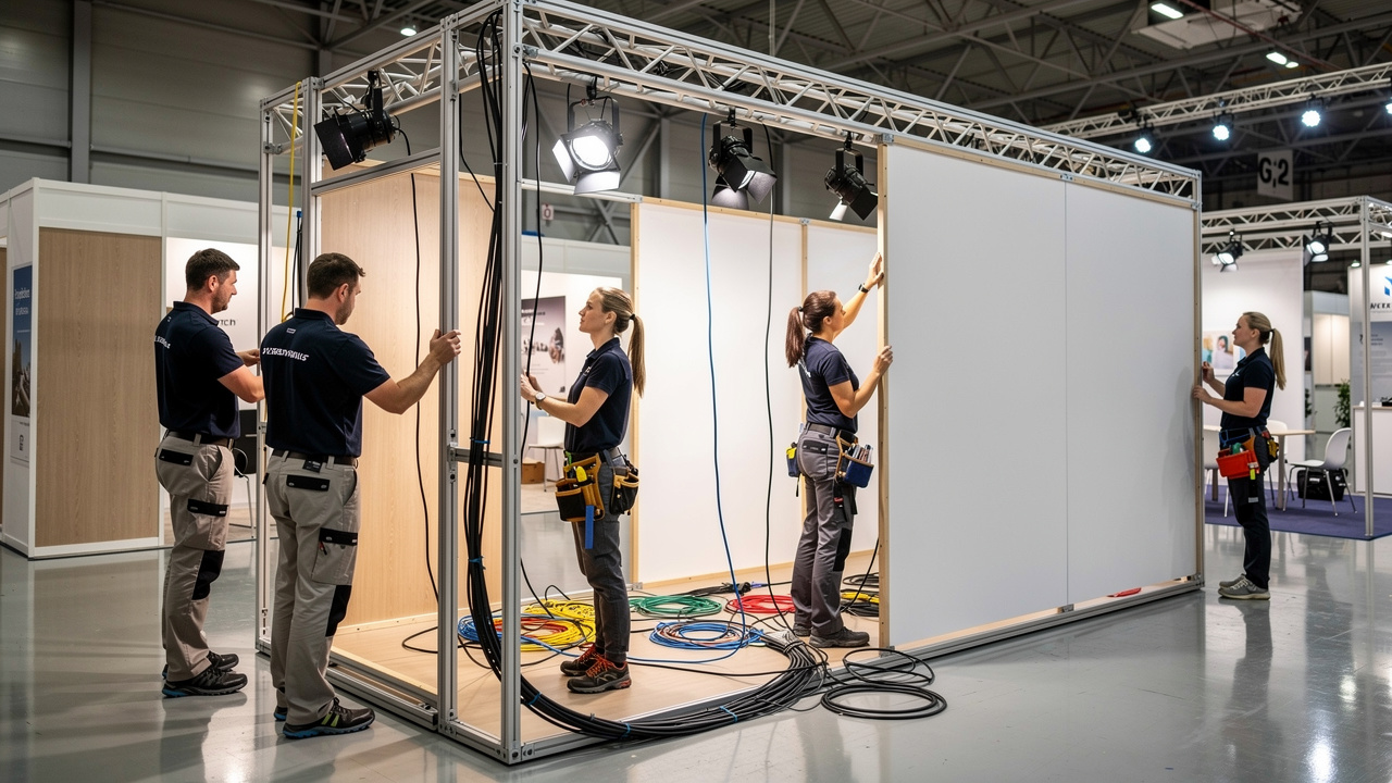 Techniciens et techniciennes installant la structure, les éclairages et les panneaux graphiques vierges d’un stand sur mesure dans un salon professionnel.
