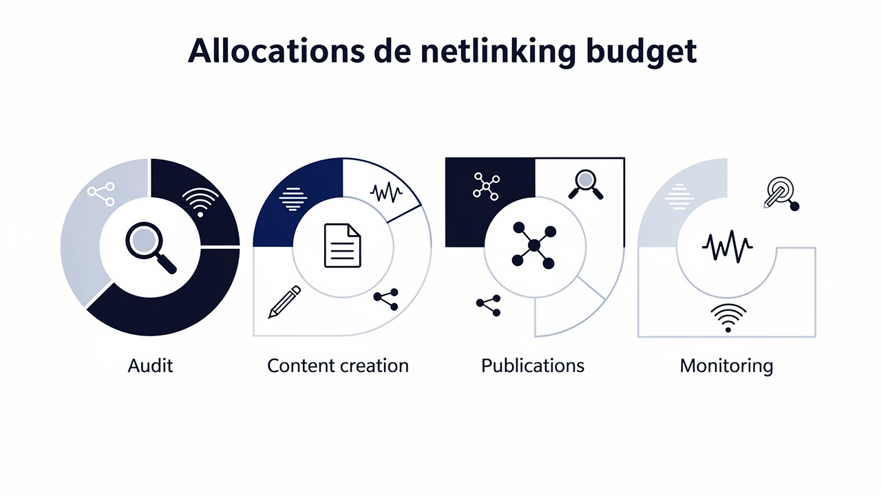 Infographie éditoriale sobre en bleu et blanc représentant visuellement la répartition d’un budget de netlinking entre quatre domaines : audit, contenu, publications et suivi.